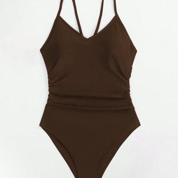 Coffee Brown Women's Summer Beach Cut Out Back One-Piece Swimsuit Bathing Suit - Picture 5 of 8